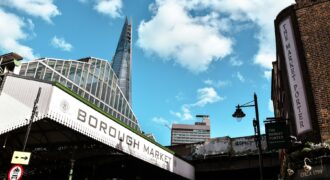 Borough Market's entrance with The Shard behind