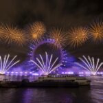 Fireworks over the London Eye at night