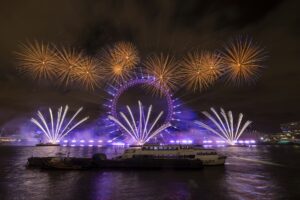 Fireworks over the London Eye at night