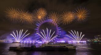 Fireworks over the London Eye at night